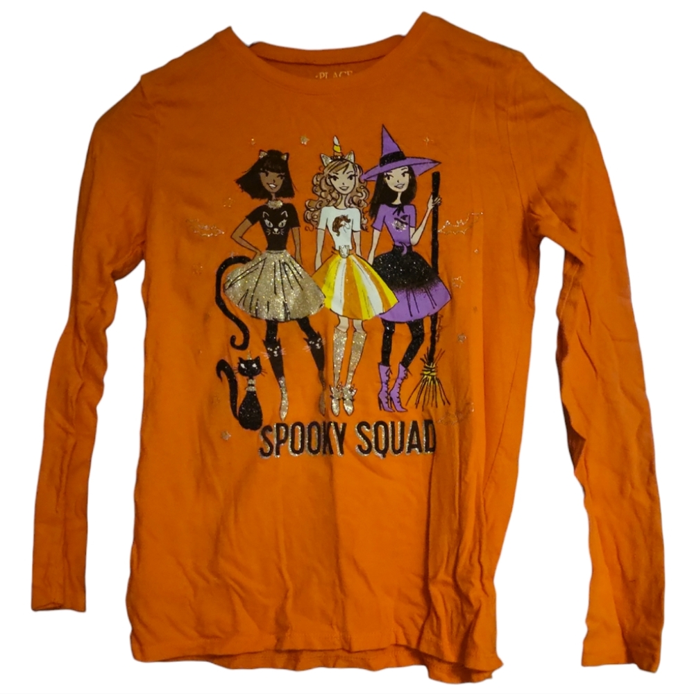 Girl's 'T-Shirt Long Sleeve Orange "Place" Sz L Spooky Squad Cat Witch Broom